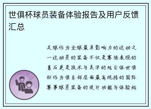 世俱杯球员装备体验报告及用户反馈汇总